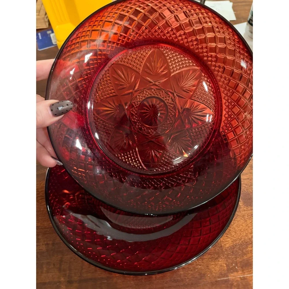Vintage Ruby Red Glass Dessert Plates Set of 2 Starburst MADE IN FRANCE